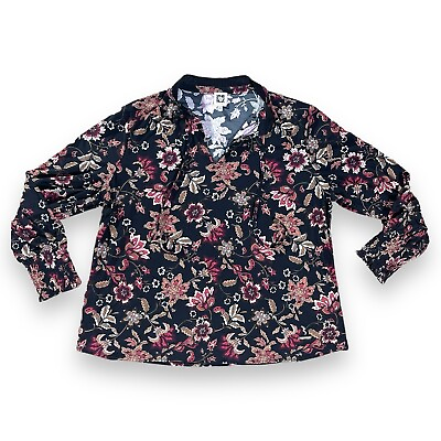 #ad Anne Klein Women’s Plus 1x black floral flowers flowy dress top blouse ruffle $18.00