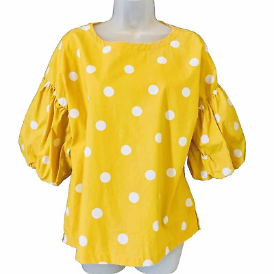 #ad LOFT Women#x27;s Size M Yellow White Polka Dot Balloon Sleeve Top Blouse Cotton $16.88