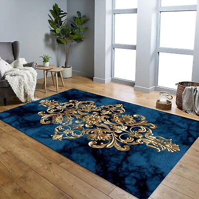#ad Blue and Gold Damask Rug Ethnic Design Floral Carpet Oriental Floor Mat $273.12
