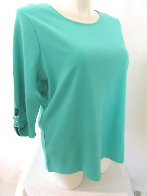 #ad Quacker Factory Size 1X True Turquoise Knit T Shirt with Faux Pearl Detail $22.99