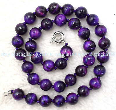 #ad Genuine 10mm Natural Purple Tigers Eye Gemstone Round Beads Necklace 16 28quot; AAA $10.50