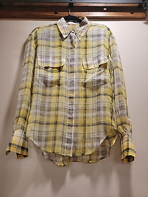 #ad Equipment FEMME Plaid Silk Top Shirt Yellow S Small Button Up EUC $29.95