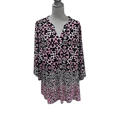 #ad Susan Graver Women#x27;s Black Pink Printed Top Size 2X **EUC** $18.99