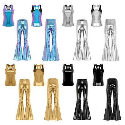 #ad Women Set Disco Jumpsuit Cosplay Outfits Flare Tank Top Metallic Pants Vest $18.79