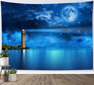#ad Nautical Lighthouse Ocean Night Moon Tapestry Wall Hanging Bedroom Dorm Decor $14.99
