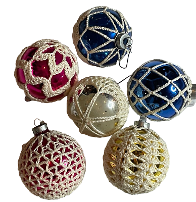 #ad Vintage Made in USA MCM Bulbs Glass Balls Hand Crochet Cover Ornaments Christmas $34.99