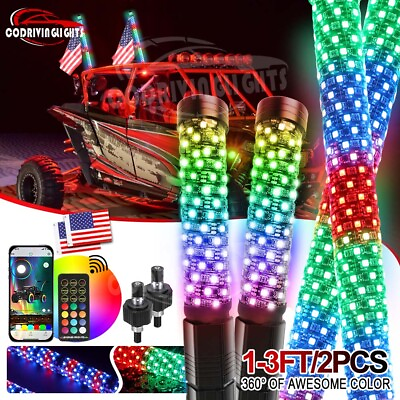 #ad 2X Fat 1 2 3ft RGB Spiral LED Whip Light Antenna Flag For Can Am ATV Polaris UTV $259.99