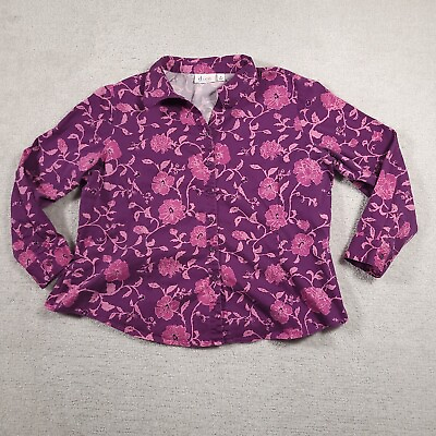 #ad Denim Co Button Up Shirt Women#x27;s 2X Plus Purple Floral Print Long Sleeve V Neck $16.97