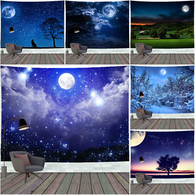 #ad Large Moon Night Tapestry Scenery Wall Hanging Bedspread Throw Blanket Backdrop $36.45