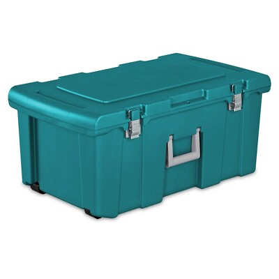 #ad Plastic Footlocker w Wheels amp; HandleStorage Box for IndoorOutdoorTeal Sachet $24.88