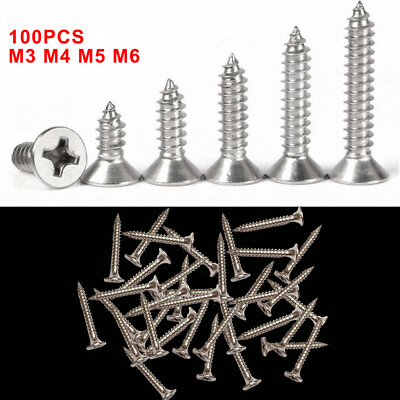 #ad 100pcs M3 M4 M5 M6 304 Stainless Phillips Countersunk Head Tapping Wood Screws $10.16