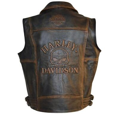 #ad Harley Davidson Men#x27;s Motorcycle Knuckle Distressed biker Genuine leather Vest $28.99