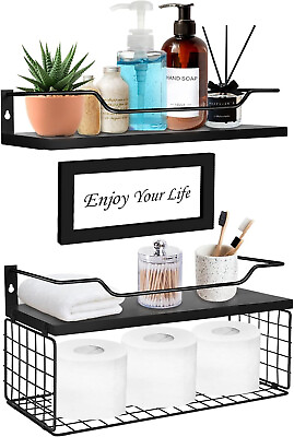 #ad Bathroom Floating Shelves with Guardrail Set of 3 Wall Mounted Small Storage $18.45