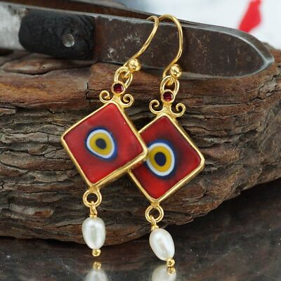 #ad Omer 925 Silver Turkish Eye Earrings w Pearl 24k Gold Vermeil Handmade Jewelry $65.00