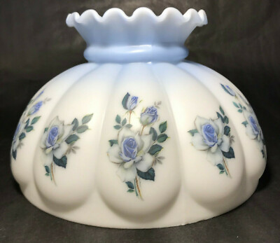 #ad New 10quot; Painted Crimped Melon Student Lamp Shade Sapphire Roses Scene Blue Tint $226.98