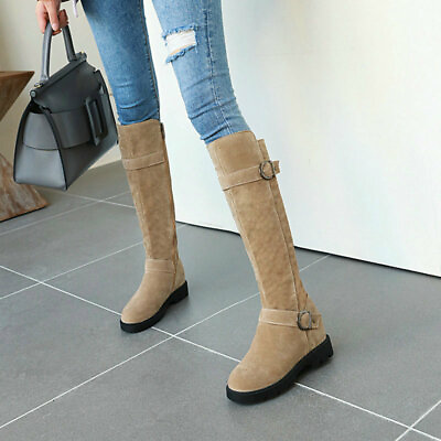 #ad Women Low Heel Knee High Ladies Mid Calf Boots Motorcycle Riding Flat Boots $68.10
