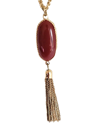 #ad Natural Stone Tassel Lariat Necklace Wine and Goldtone 26 inches with Vers $15.99