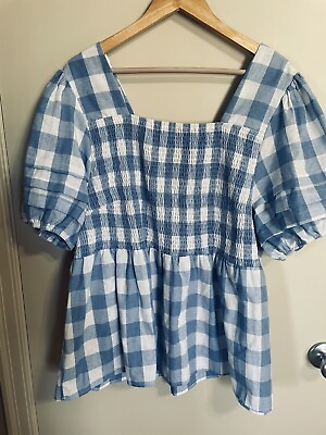 #ad GraceKarma 2X Top Blue White Check Smocked Peasant Blouse Short Sleeve Pleated $19.00