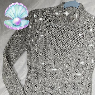 #ad Gray Cable Knit Open Weave Faux Pearl Beaded Long Sleeve Sweater Size XS WHBM $25.00