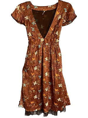 #ad Free People Dress Brown Floral 100% Silk Deep V Front Size 6 Tie Waist Unworn $27.20