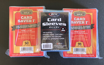 #ad 100 Card Saver 1 Semi Rigid Holders AND 100 Soft Penny Sleeves Cardboard Gold $10.99