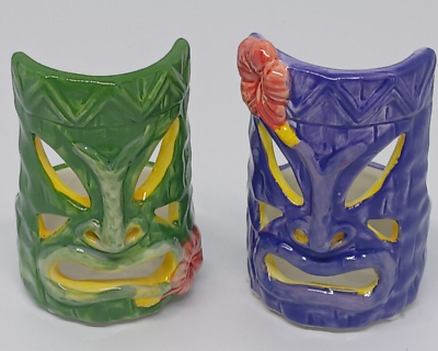 #ad New Yankee Candle Lot Set of 2 Tiki Bar Mask Tealight Holders Green Purple $15.51