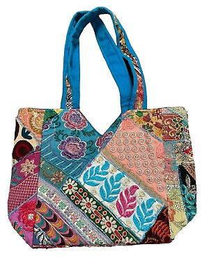 #ad Tribe Azure Fair Trade Patchwork Embroidered Bohemian Made in India Tote Bag $34.00