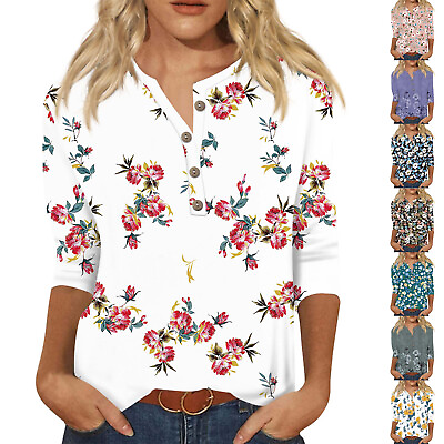#ad Womens Tops T Shirt Blouse Casual Loose 3 4 Sleeve Floral Print Round Neck Tees $13.75