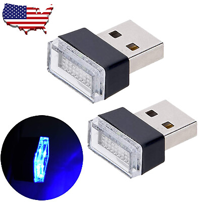2x Mini Blue LED USB Car Interior Light Neon Atmosphere Ambient Lamp Accessories $2.99