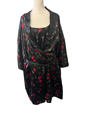 #ad Vanity Fair Set Nightgown Robe 2XL Black Red Roses Gold Asian Inspired $49.99