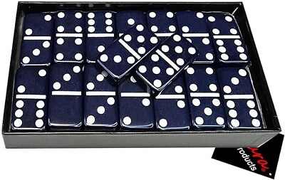 #ad Dominoes Double Six Jumbo Set of 28 Navy Blue title w White Dots US Seller $25.99