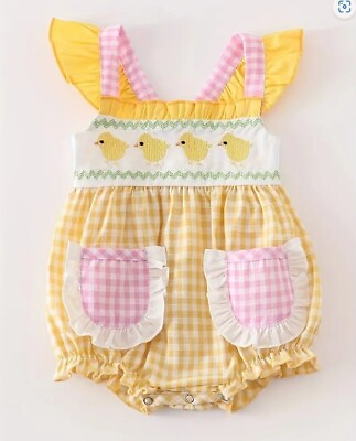 #ad NEW Boutique Embroidered Easter Chicks Baby Girls Bubble Romper Jumpsuit $16.99
