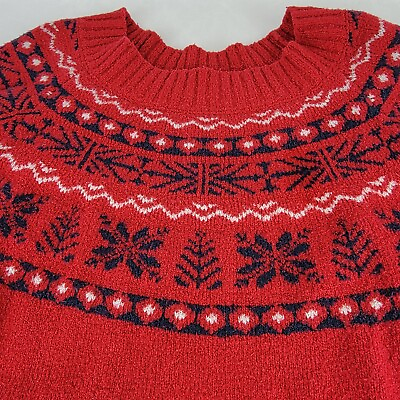 #ad J. Jill Womens Nordic Sweater Red Knit Long Sleeves Warm Cozy Holiday Fair Isle $24.99