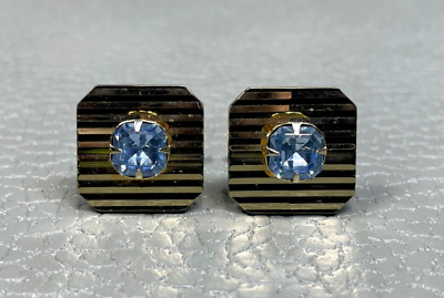 #ad Vintage Prong Set Blue Stone Linear Yellow Gold Plated Cuff Links $19.95
