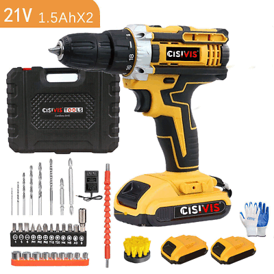 #ad Cordless Drill 21V Drill Driver Set Combi Electric Fast Charger 2 Battery 1Brush $35.99