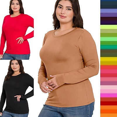 #ad #ad 1X 2X 3X Brushed Microfiber Round Neck Long Sleeve Top Buttery Soft Warm T Shirt $14.00