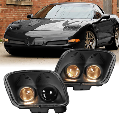 #ad Pair Black Dual Projector Headlights Lamps LHRH For 1997 04 Chevy Corvette C5 $220.95