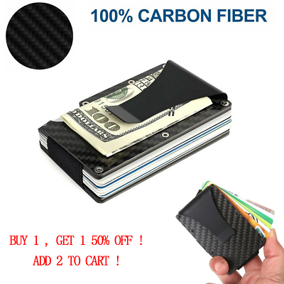 #ad Men RFID Blocking Money Clip Slim Carbon Fiber Credit Card Holder Metal Wallet $9.92