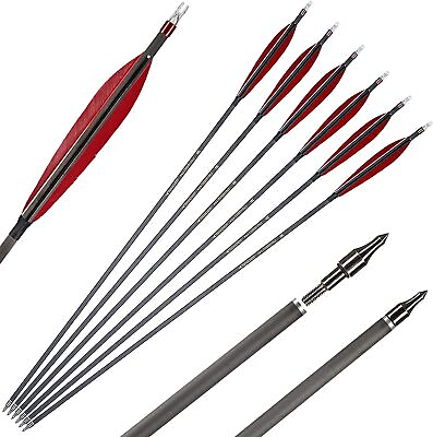 #ad 30quot; Carbon Archery Arrows SP 350 with 6quot; Real Feathers and Removable Tips 6PCS $29.46