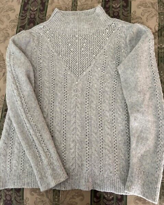 #ad White House Black Market Gray Cable Knit Open Weave Faux Pearl Beaded Sweater $18.00