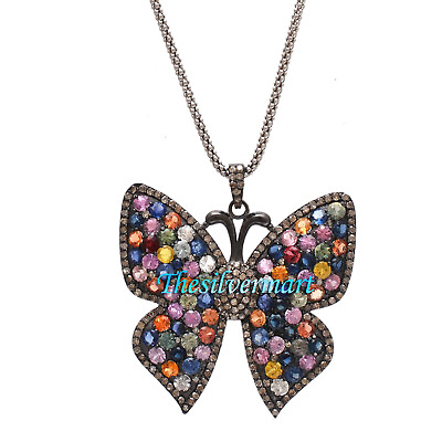 #ad Sterling Silver Diamond Multi color Sapphire Butterfly Colorful Pendant Jewelry $465.00