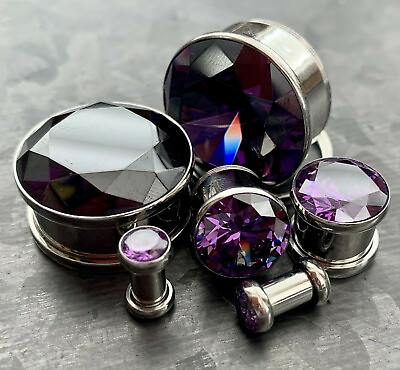 #ad PAIR Large Purple Gem Screw Fit Tunnels Plugs Gauges select size 6g up to 20mm $15.95