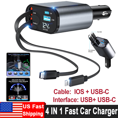 #ad Retractable Car Charger 120W 4 in 1 Car Fast Charger for iPhone Samsung Android $20.94