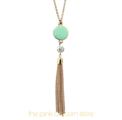 #ad Brand New Beautiful Turquoise Stone Tassel Long Gold Chain Necklace In Gift Box $11.99