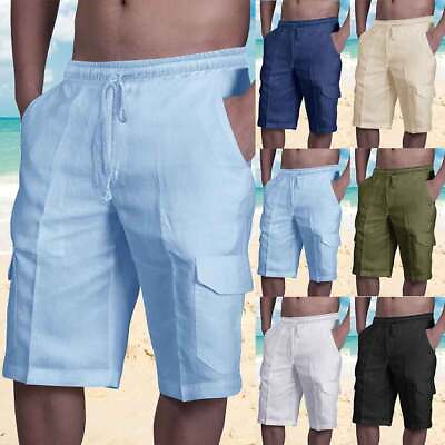 #ad Mens Cotton Linen Cargo Shorts Work Elasticated Waist Combat Pockets Sport Pants $19.79