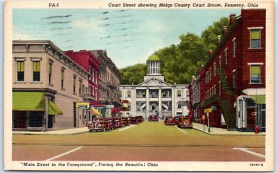 #ad Postcard Court Street showing Meigs County Court House Pomeroy Ohio $3.46