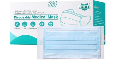 #ad FREEMAX Disposable Face Mask 3 Ply with Ear Loop 50 Individually Wrapped Blue $2.50