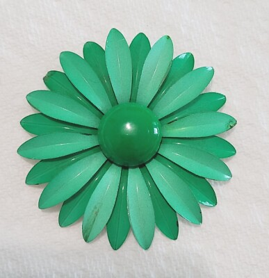 #ad VINTAGE 60s 70s Retro Mod Green Metal Enamel Flower Daisy Pin Brooch 3quot; $10.00