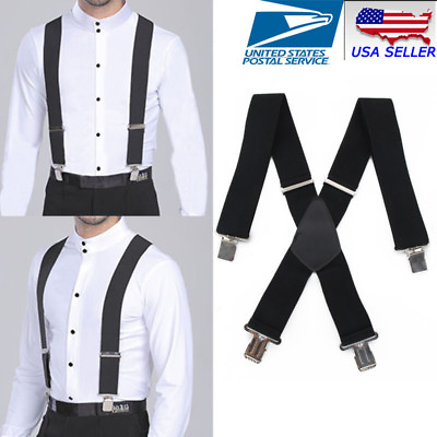 #ad Mens Braces Suspenders Black X shape Heavy Duty Biker Snowboard Trousers Wide 2quot; $5.90