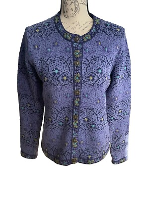 #ad Norm Thompson Cotton Fair Isle Nordic Style Cardigan Sweater Metal Buttons Small $39.00